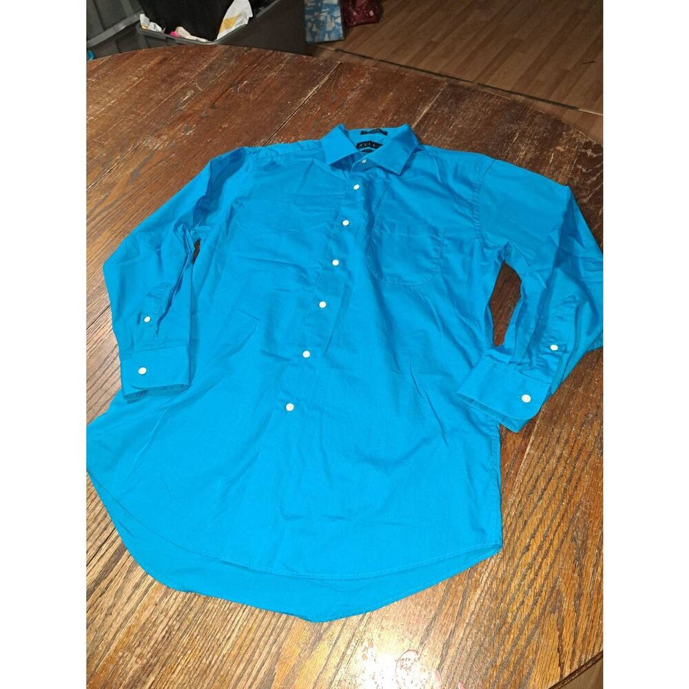 Large 16-16.5 Zylos Fitted Blue Long Sleeve Button Front Casual Dress Shirt